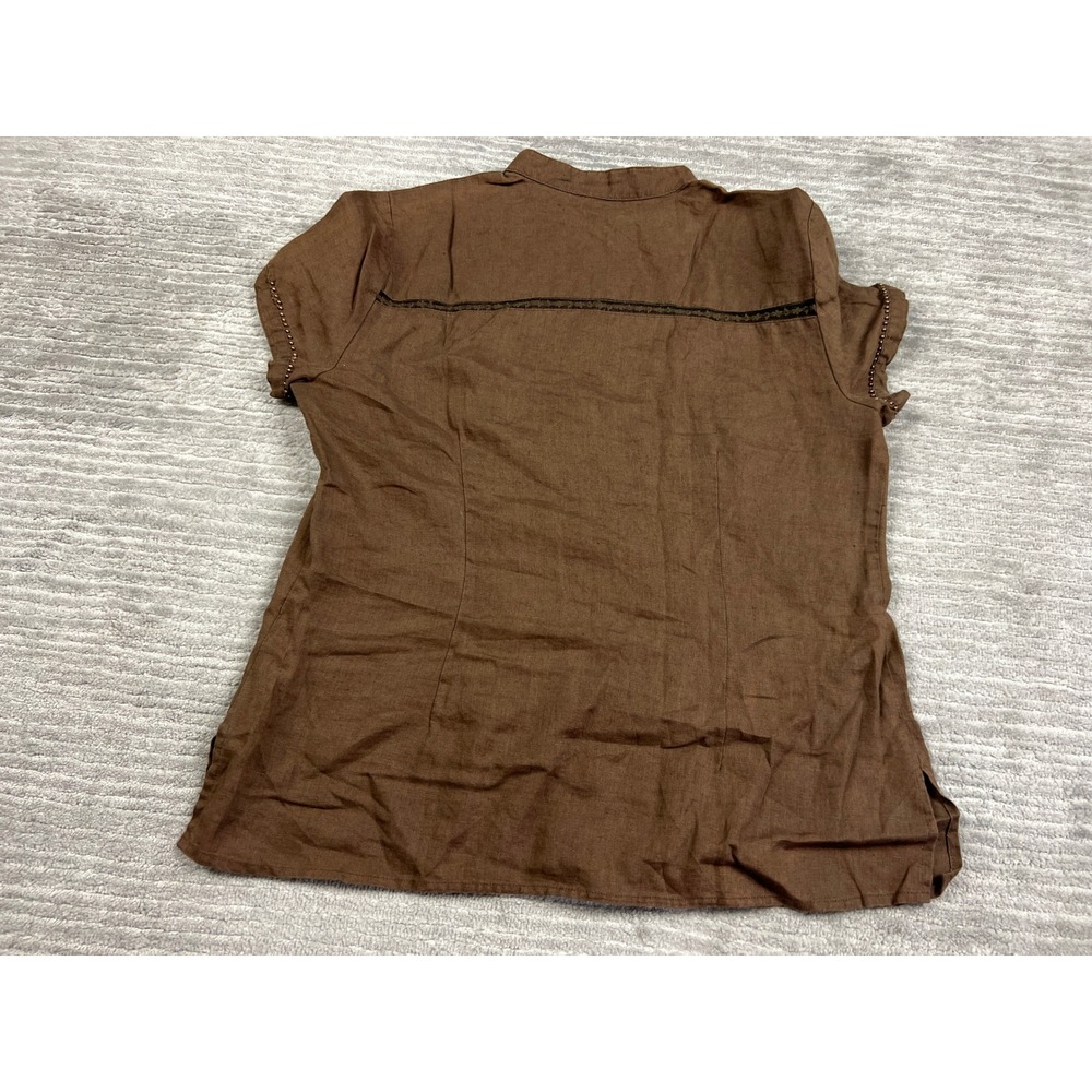 Carole Little Blouse Womens Large Brown 100% Linen Pintuck Beaded Short Sleeve - Picture 7 of 9